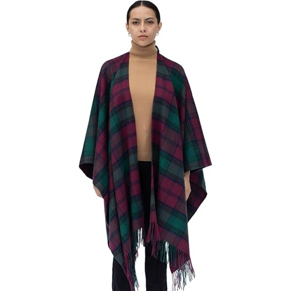 Vintage Murray Brothers 100% Lambswool Tartan Plaid Fringe Poncho Cape OS